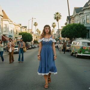 Eber California 1970’s Calico Cotton Eyelet Trimmed Sun Dress